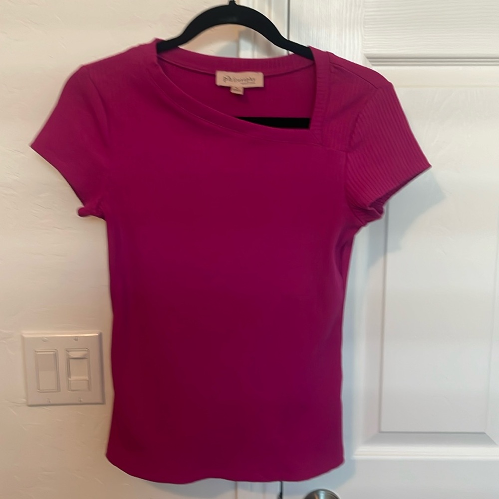 Philosophy Magenta Short Sleeve Asymmetric Neck Tee